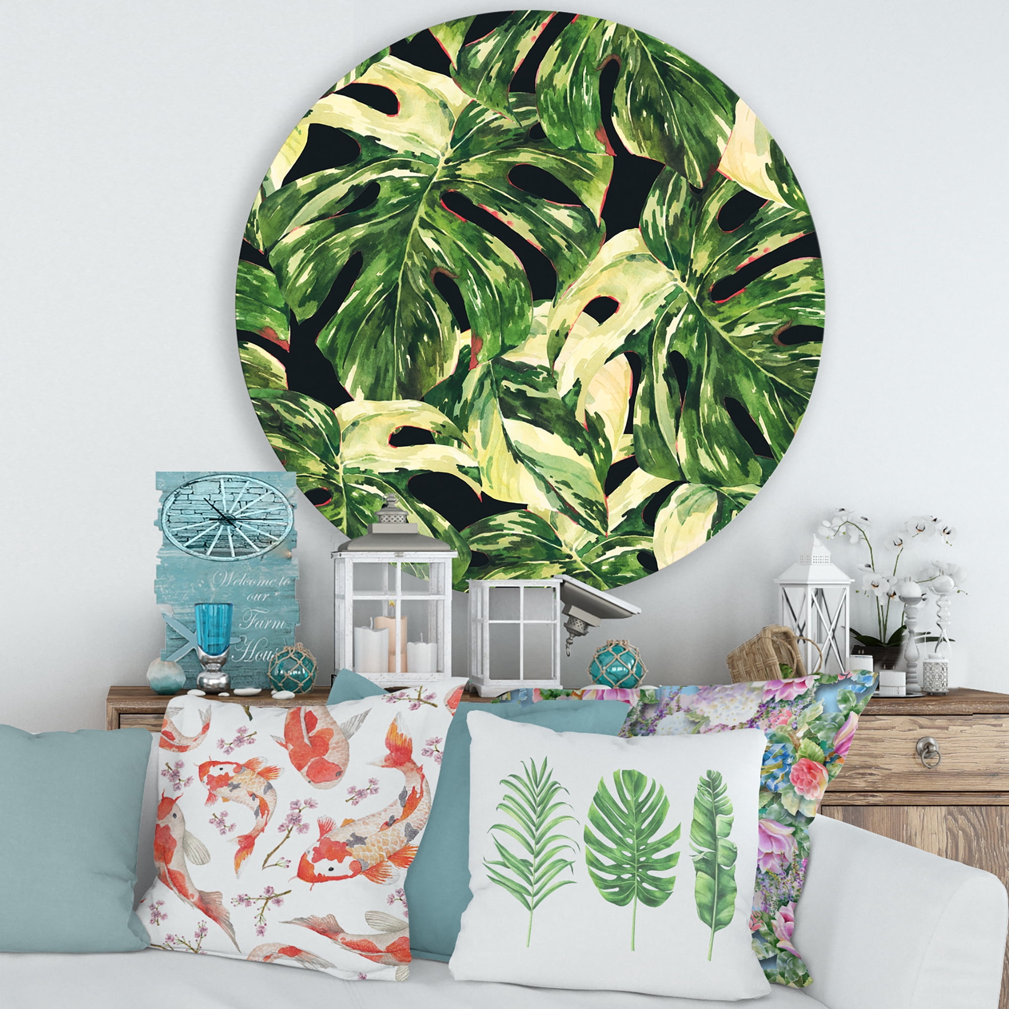 Designart 'Natural Green Leaves Exotic On Dark II' Tropical Circle Metal Wall Art 36x36 - Disc of 36