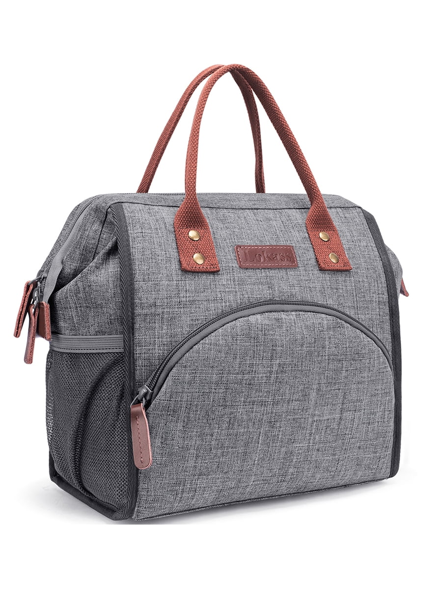 Grey Ripple Buringer Large Insulated Lunch Bag Reusable Cooler Tote Box with Adjustable Shoulder Strap and Two Pockets For Woman Man Work Picnic or Travel 
