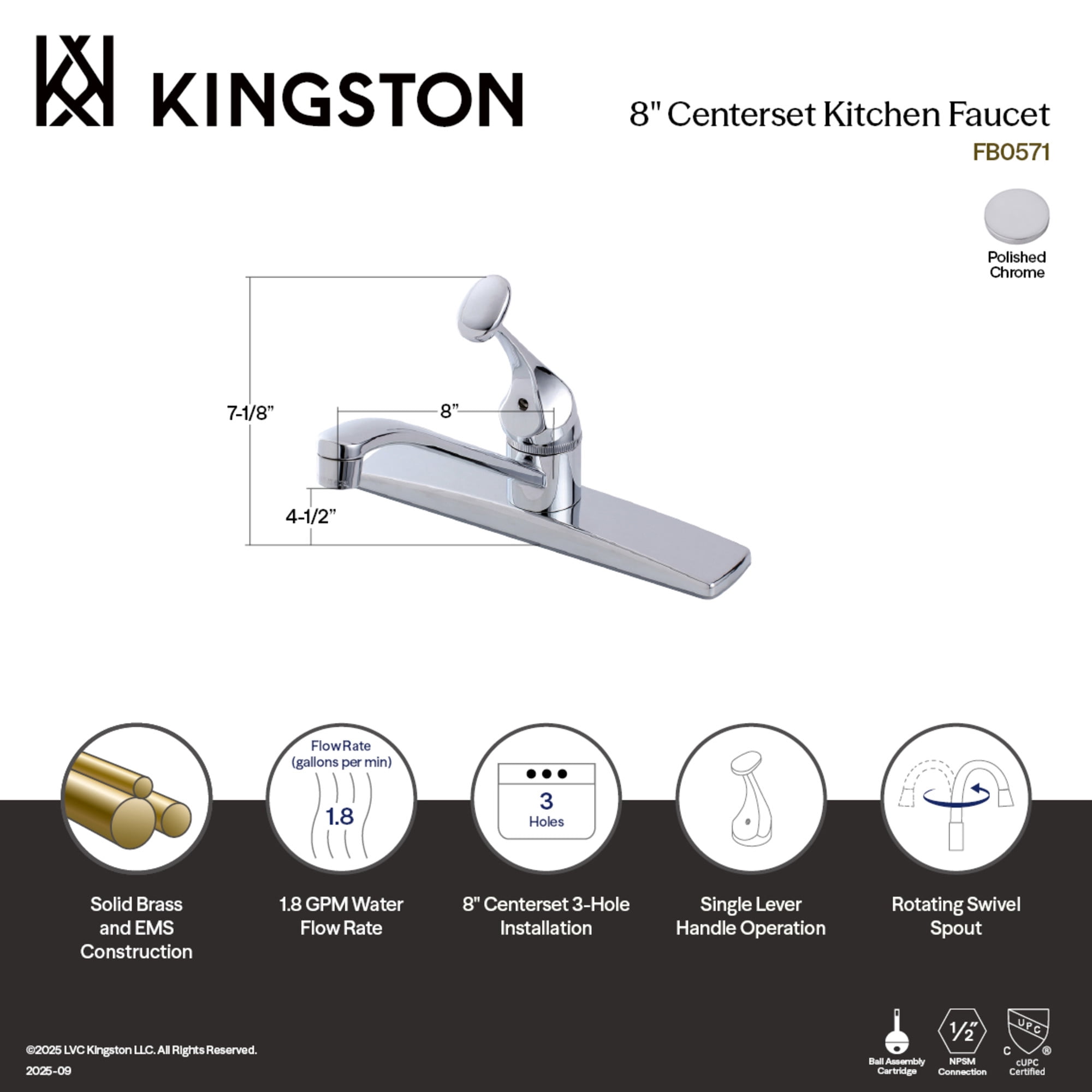 Kingston FB0571 Columbia One-Handle 3-Hole 8" Centerset Kitchen Faucet in Polished Chrome