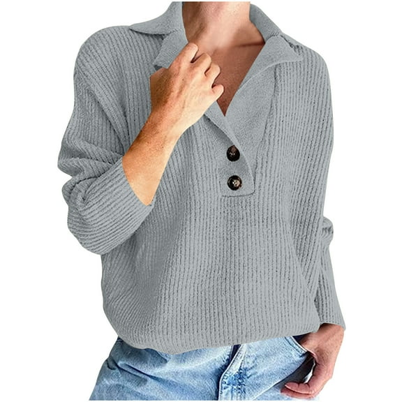 Ashirexll Winter Sweaters for Women, Pullover Sweaters for Women, Women's Turn Down Collar V-Neck Loose Fitting Pullover Knit Sweater Long Sleeve Casual