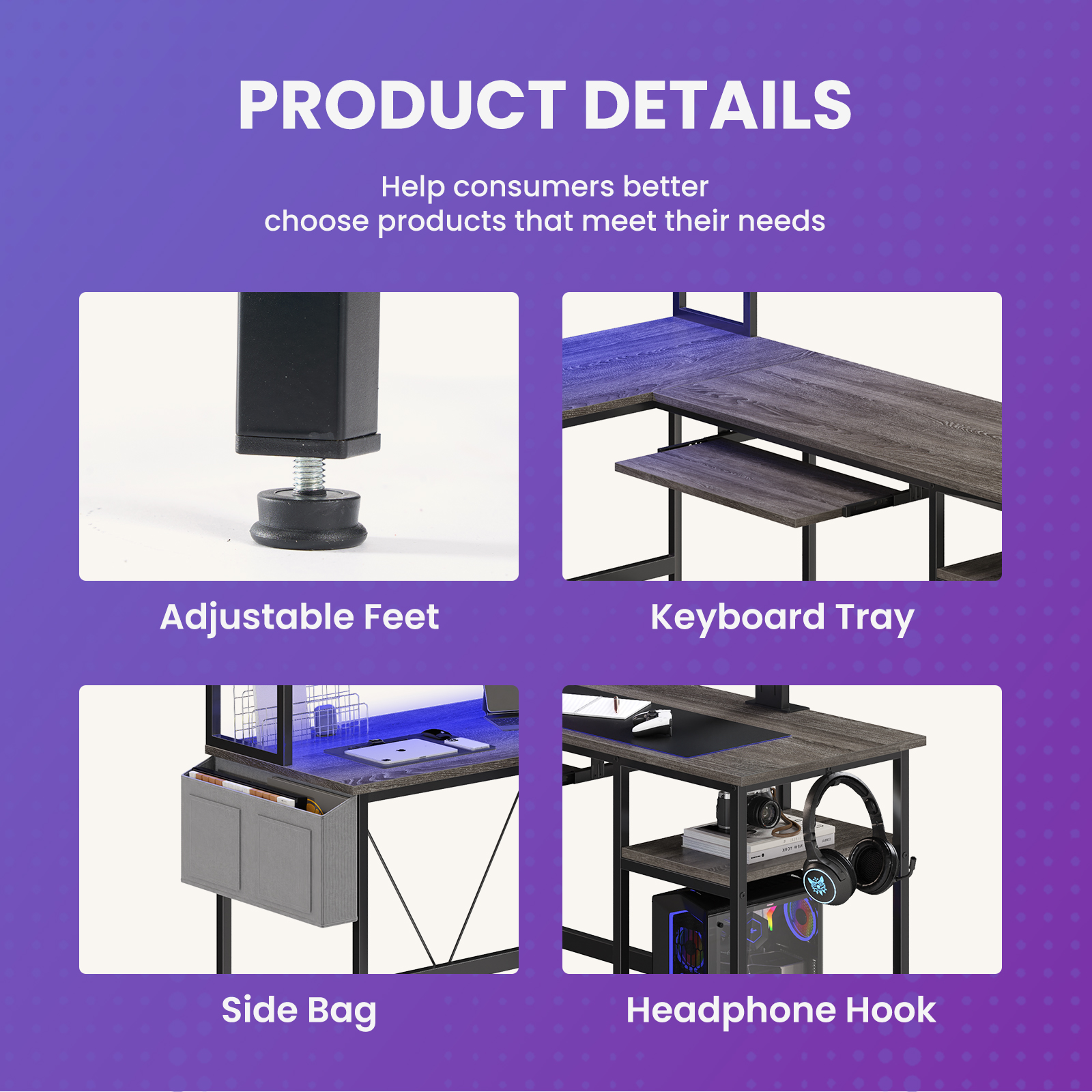 CONCETTA 67" Modern L-Shaped Gaming Desk with LED Lights and Power Outlets, Computer Desk with Drawer, Keyboard Tray for Monitors, Black