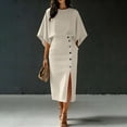 thumbnail image 2 of Women's Summer Two Piece Outfits Round Neck Batwing Sleeve Top High Waist Midi Skirts Button Summer Office Business Outfit Matching Sets for Women Khaki S, 2 of 7