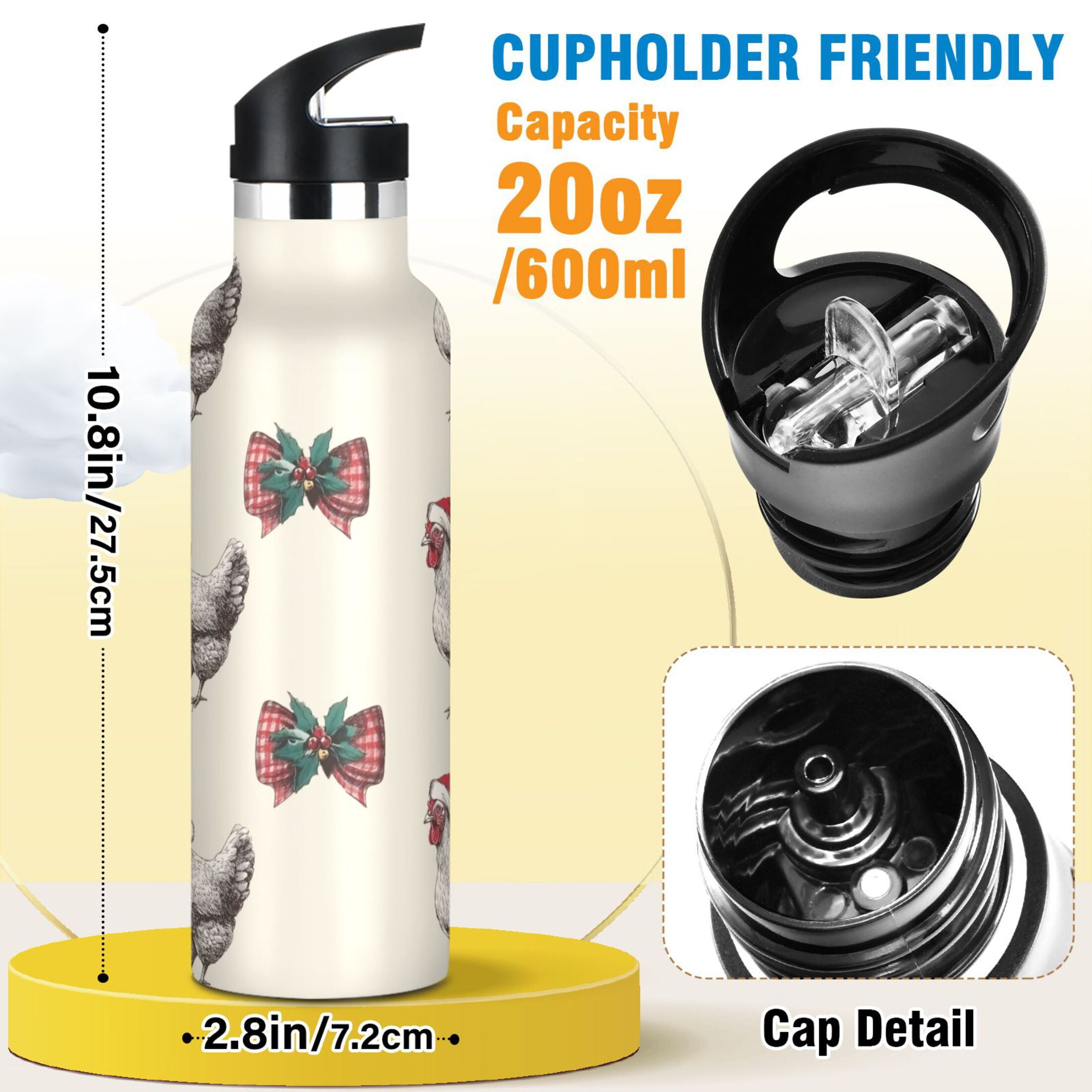 Kids Insulated Stainless Steel Sports Water Bottle 600ml (20oz) Bow and Chickens