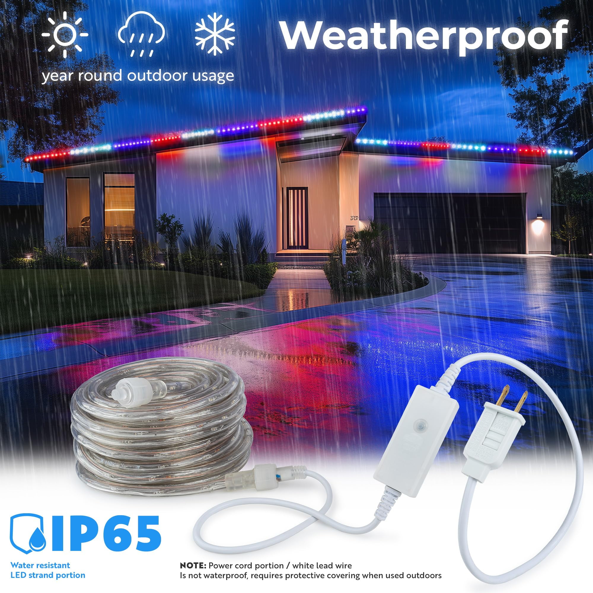 West Ivory 762LEDs, 100ft USA American Red White Blue, Outside LED Rope Light, 8 Modes, Connectable Outdoor Permanent Waterproof Accent Exterior Lighting, PVC Case, Backyard Patio, Garden, Decorative