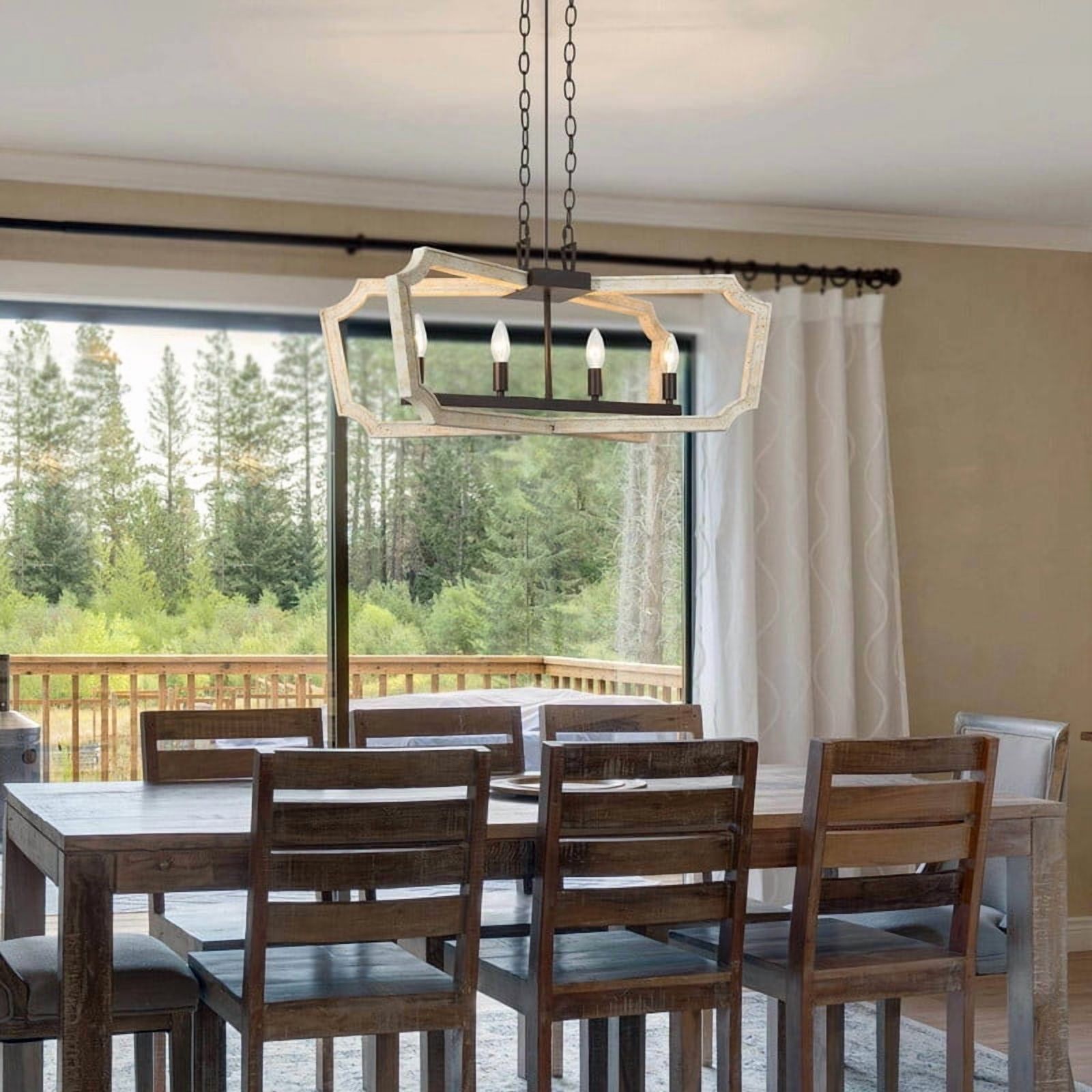 LNC Integrifolia 4-Light Rustic Wood and Iron Linear Chandelier for Kitchen Island