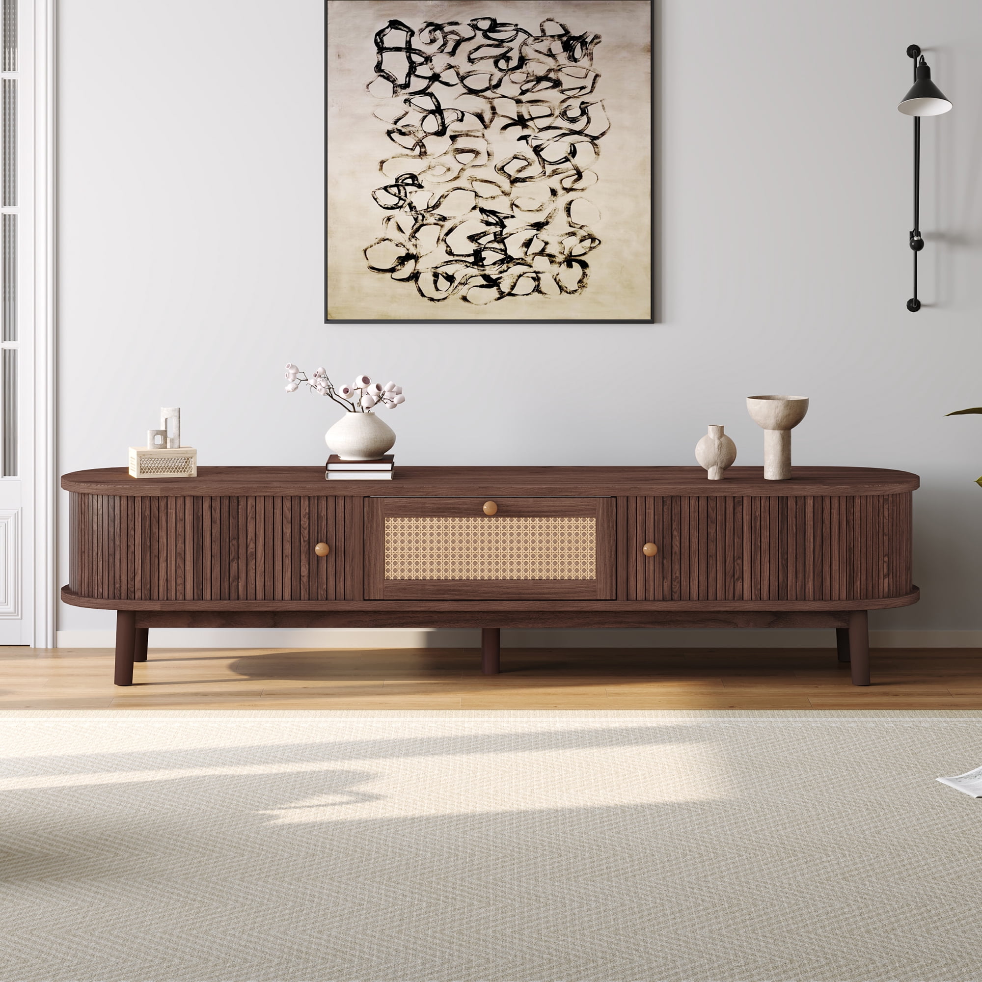 Euroco Modern Design TV Stand for 75" TVs, Media Console TV Cabinet with Rattan-Front Drawer for Living Room, 1 Drawer and 2 Sliding-Door Cabinets