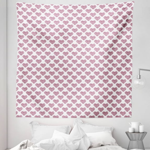 Spring Tapestry, Blossoms Forms Heart Shapes Valentine's Day Orderly Repeated Illustration, Fabric Wall Hanging Decor for Bedroom Living Room Dorm, 5 Sizes, White Pale Fuchsia, by Ambesonne