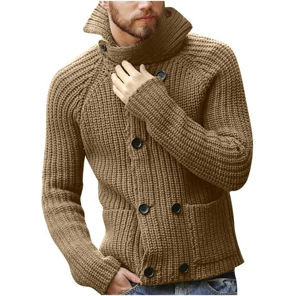 Miluxas Men's Double Breasted Knitted Cardigan Fit Long Sleeve Casual Knits Cardigans Winter Shawl Collar Knit Sweater Coat Khaki