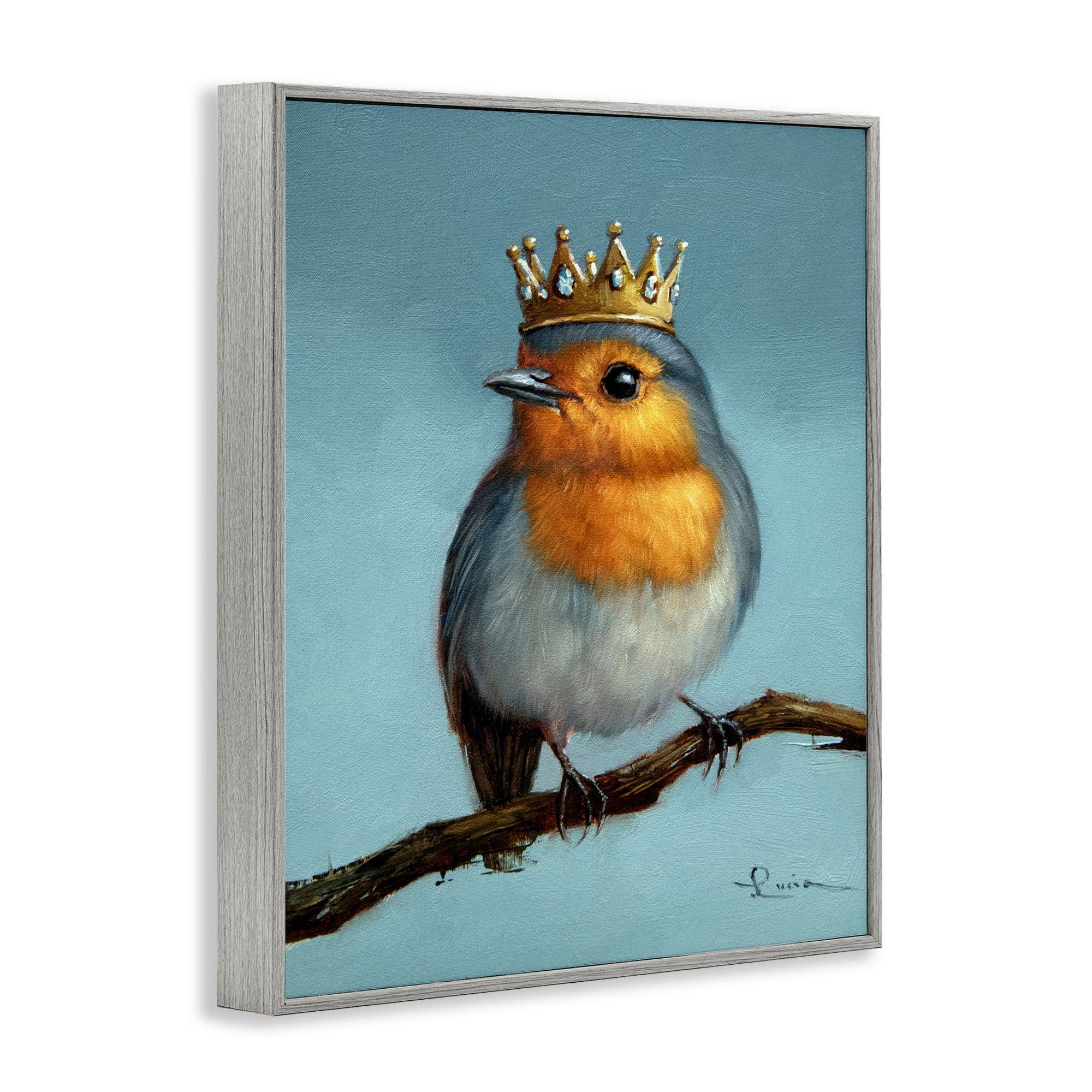 Royal Robin Perched Gray Framed Giclee Art, design by Lucia Heffernan