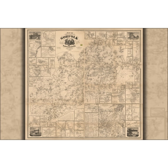 24"x36" Gallery Poster, Map of the county of Norfolk, Massachusetts 1858