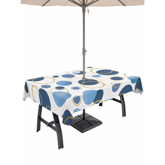 Outdoor Tablecloth with Umbrella Hole for Patio/Picnic/Party/Camping, Blue Polka Dots Waterproof Table Cloth Rectangle Table Cover Washable, Modern Abstract Art (60"x 84")
