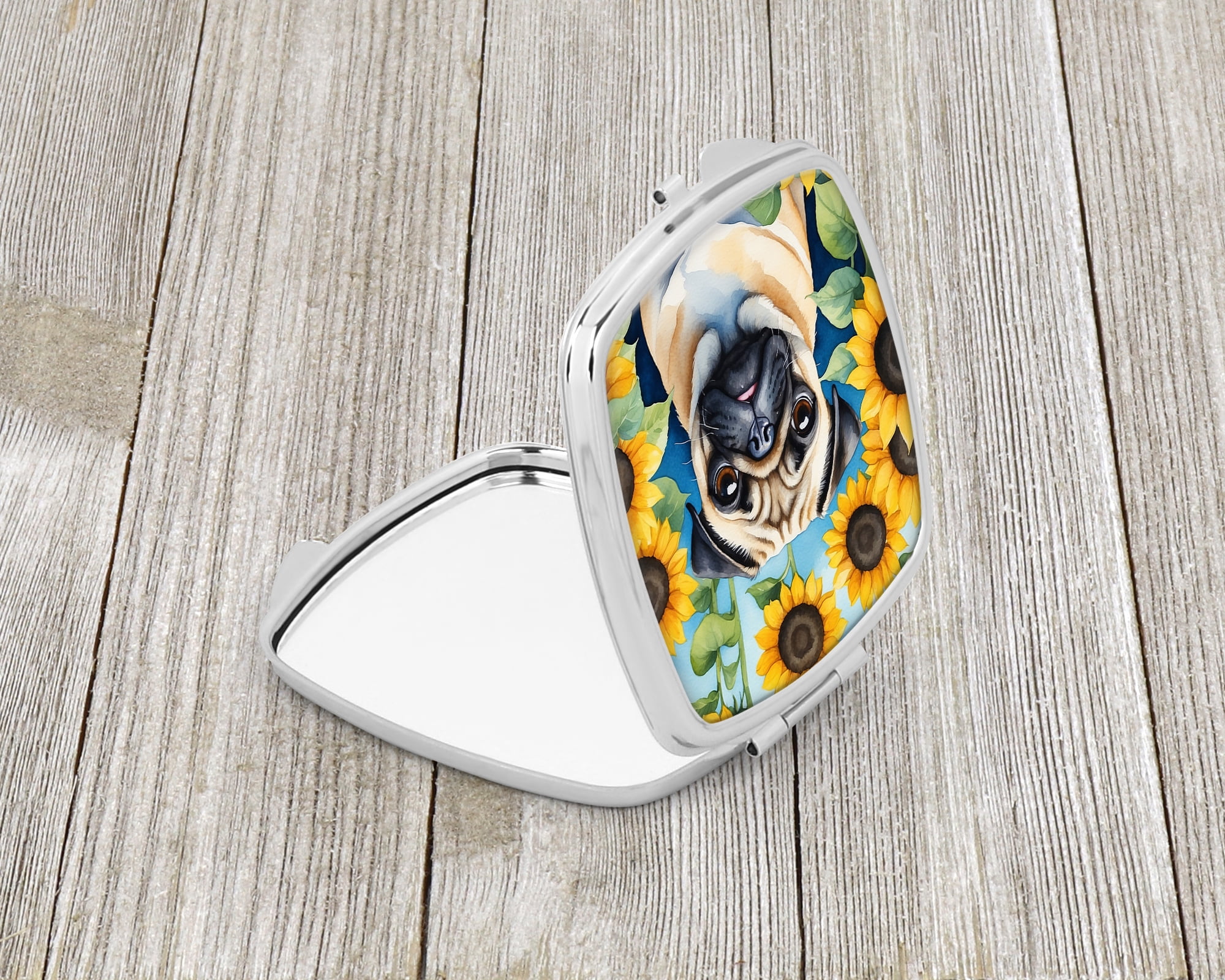 Pug in Sunflowers Compact Mirror 2.75 in x 3 in