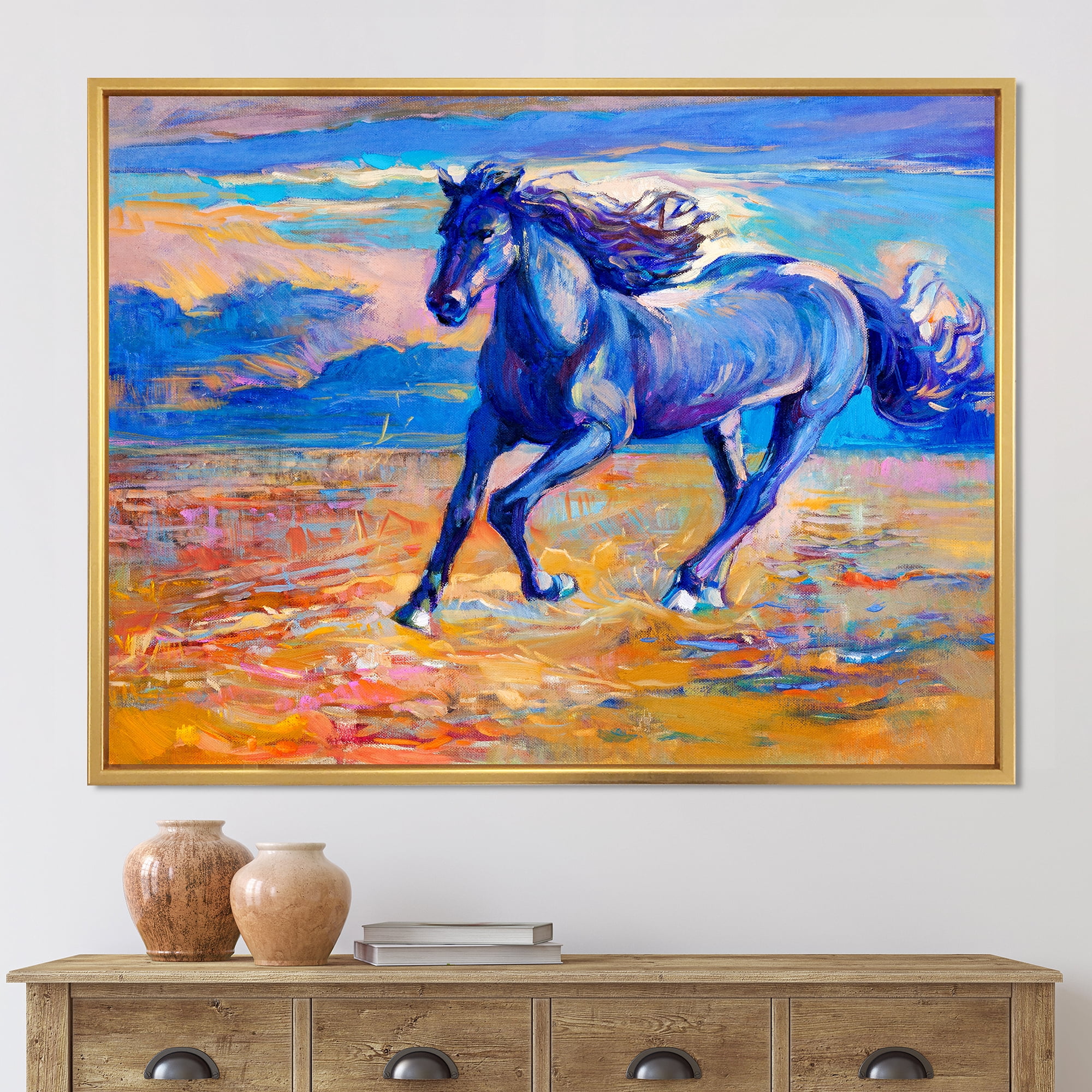 Designart 'Abstract Blue Horse Galoping Over The Prairie' Farmhouse Framed Canvas Wall Art Print