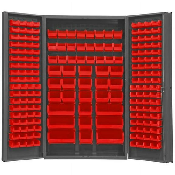 14 Gauge Deep Style Lockable Double Door Cabinet with 192 Red Hook on Bins, Gray - 48 in.