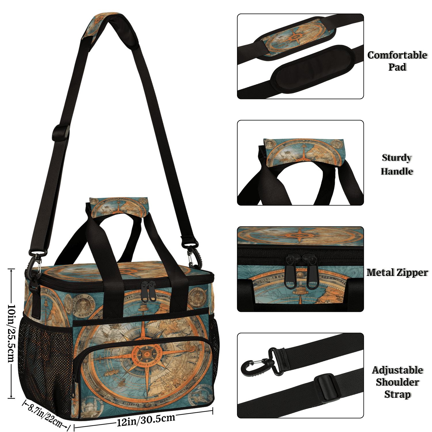 Herdesigns Nautical Ship Compass Large Lunch Box for Adults Women Men with Adjustable Shoulder Strap, Insulated Reusable Lunch Bag Leakproof Cooler Tote Bag