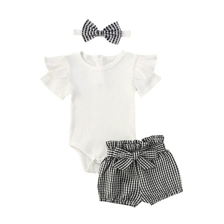 

Canrulo 3PCS Baby Girls Summer Clothes Short Sleeve Ribbed Top Romper Plaids Pants Headband Outfits White 0-6 Months