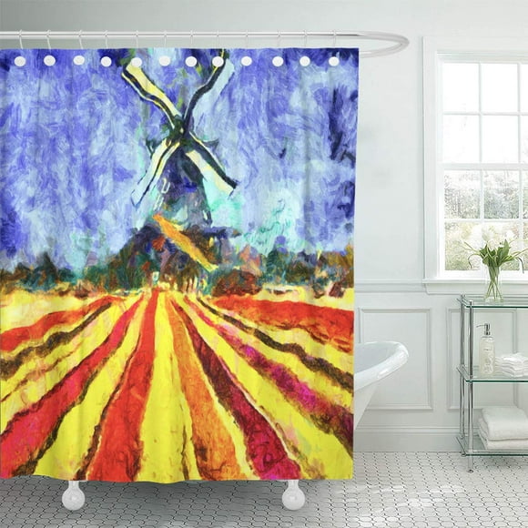 HATIART Colorful Amsterdam Dutch Windmill Tulip Impressionist Oil Red Gogh Van Artist Shower Curtain Bathroom Curtain 66x72 inch