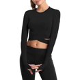 thumbnail image 3 of Hauts Courts à Col Rond pour Femmes, Croisé sur le Ventre, Manches Longues Ou Courtes, Chemise de Sport pour Yoga, Entraînement Physique, Course, Manches Longues, Noir S, 3 of 5