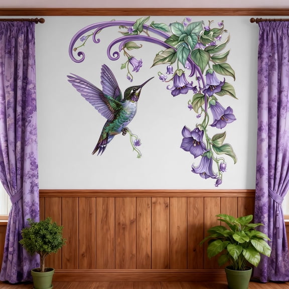Hummingbird And Flower Vine Wall Decal Self Adhesive Purple Floral Sticker For Bedroom Living Room Door Window Decor Removable Art Mural