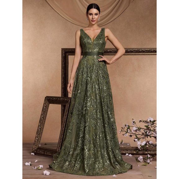 Olive Green Sequin Embroidered V-Neck Sleeveless Maxi Evening Gown