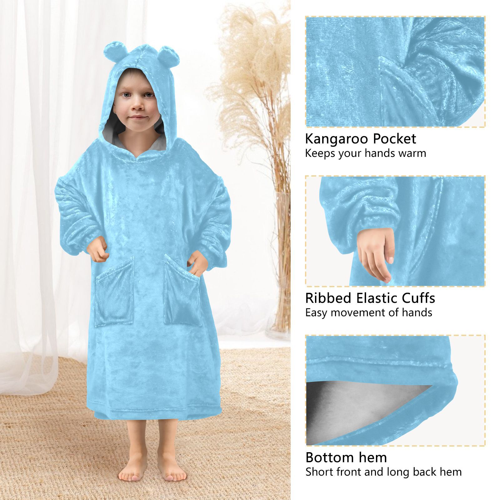 Blue Color Oversized Wearable Blanket Hoodie Sweatshirt Flannel for Unisex Girls Boys