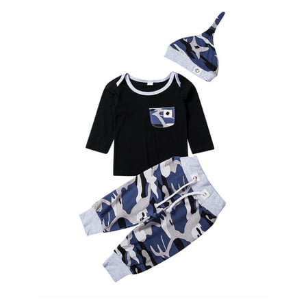

Spring hue Toddler Baby Boy Clothes Camouflage Top With Long Pants Hat Outfits Set