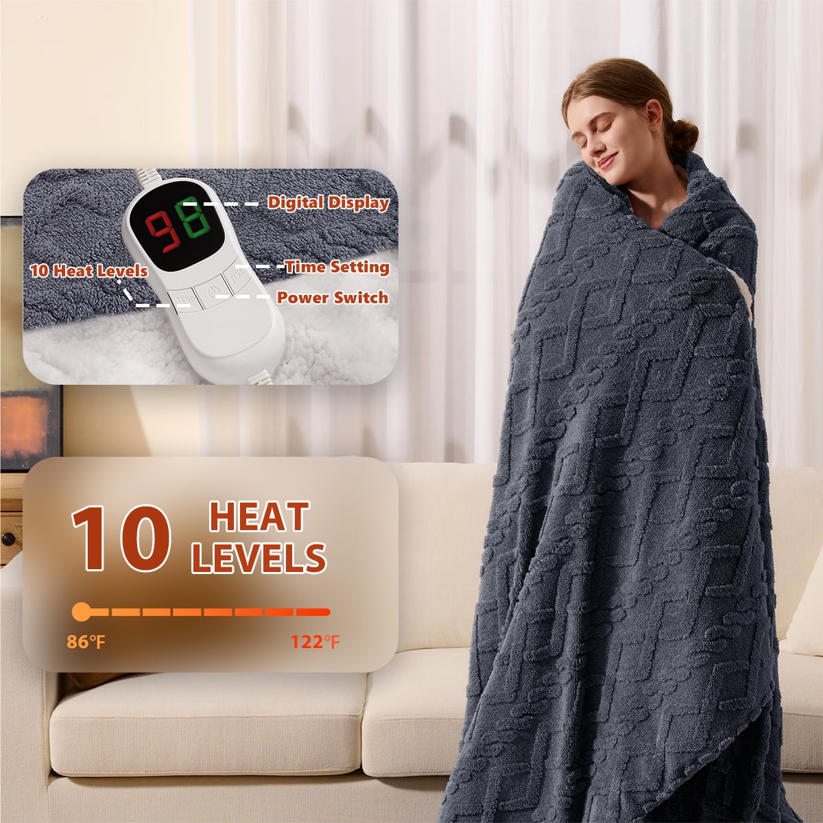 Heated Blanket Electric Full 72"X84", Heating Blanket with 10 Heat Levels 1/2/4/6/8 Hours Auto-Off Overheat Protection, Soft Flannel Sherpa Warm Heater, ETL Certified Grey