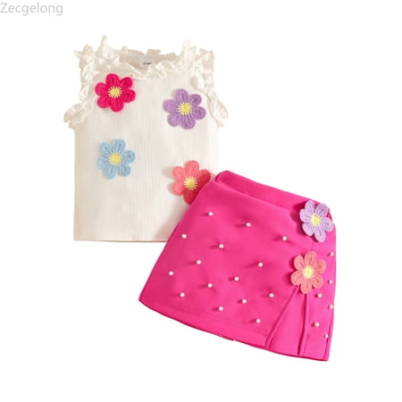 Zecgelong Summer Toddler Girls Sleeveless Vest T Shirt Tops Floral Skirt Shorts Outfits Toddler Girls Sets Age 6-9 Months