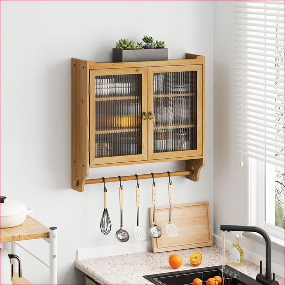 Vintage Natural Solid Wood Wall Cabinet with 3-Tier Storage & Towel Rack, Glass Doors | 24.8”W | Glass | Solid Wood