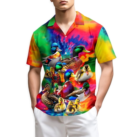Netecom Colorful Duck Hawaiian Shirt for Men, Vibrant Animal Style, Button Down Summer Beach Short Sleeve, S-5XL
