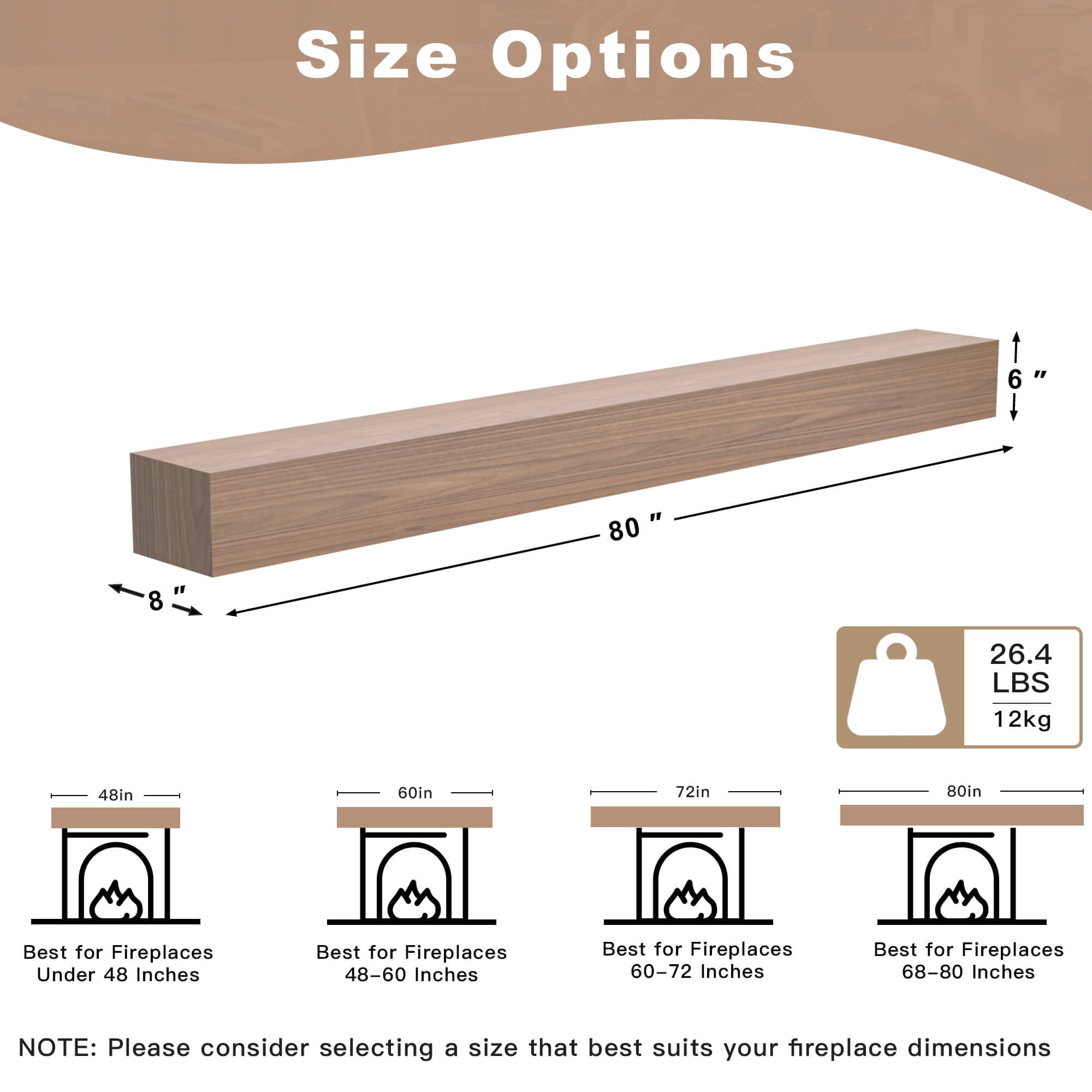 80 Inch Fireplace Mantel, Pine Wood Wall-Hanging Floating Shelf, Natural Wood Display Shelf, Wall Art and Home Decor, Easy to Install, Strong and Durable, for Living Room, Bedroom, Kitchen, Walnut