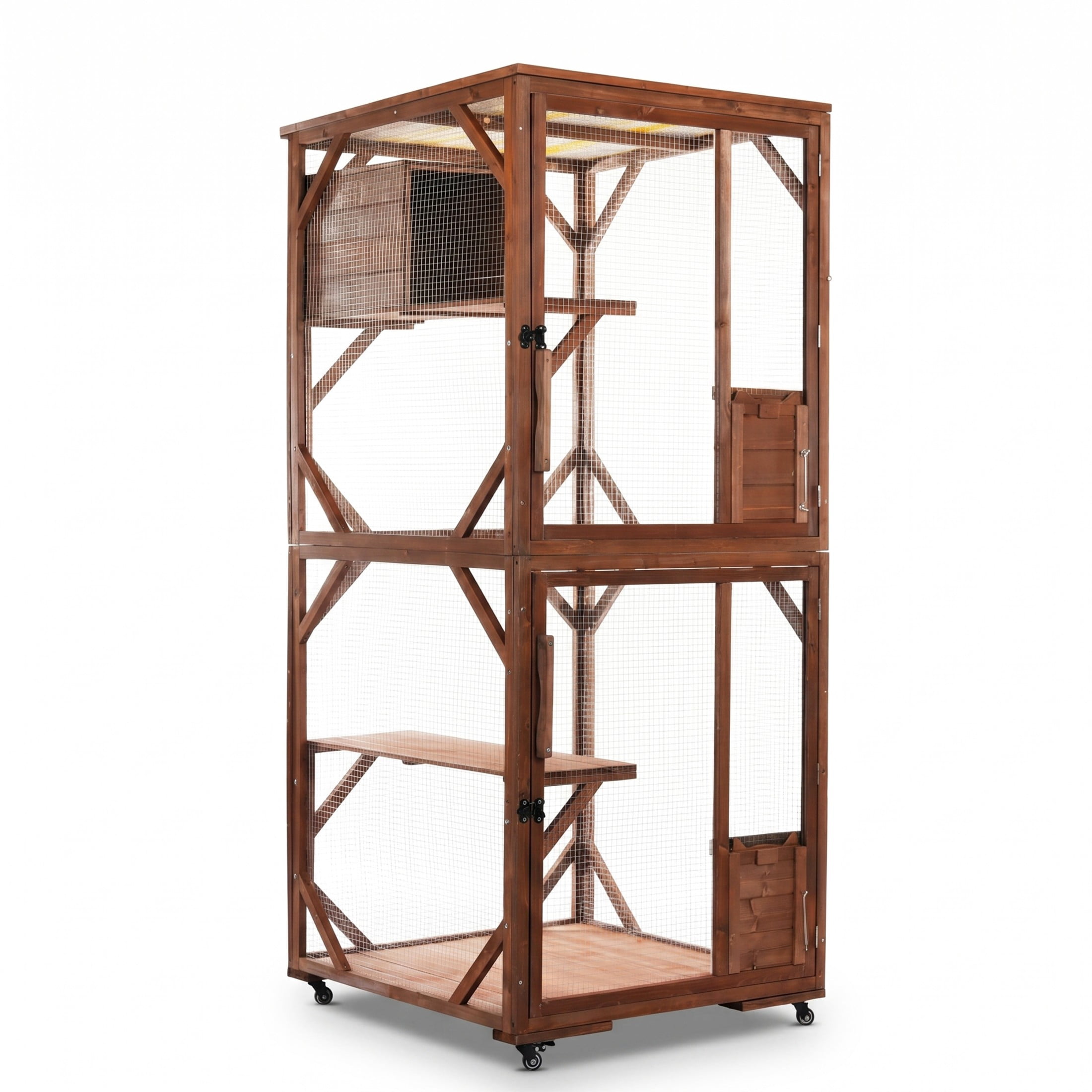 Christopher Knight Home Large 2-Tier Outdoor Cat Enclosure, Solid Fir Wood Cat Cage with Wheels, Dark Brown