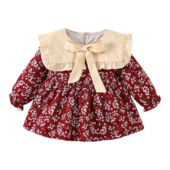 VNKIDY Girls Dress Kids Retro Cute Style Floral Print Elastic Waist Dresses Collared With Bow Detail Long Sleeve Comfortable Fit Dress For Daily Wear Outdoor Leisure Activities Lovely Dress