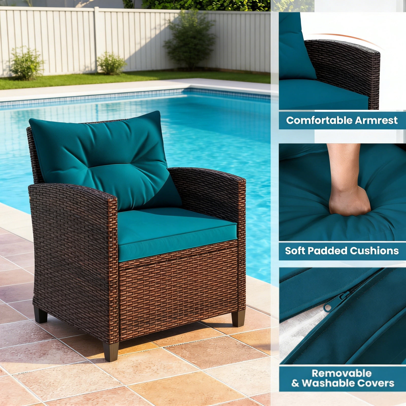 Hommoo 3 PCS Rattan Patio Furniture Set, Outdoor Brown Wicker Conversation Set with Glass Tabletop & Peacock Blue Cushion