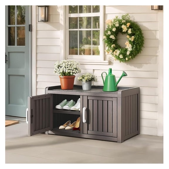 Resin Shoe Cabinet,Waterproof Outdoor Shoe Storage Cabinet with Adjustable Shelves,Entryway Indoor Storage with Seat,Shoe with Doors for Foyer Hallway Living Room (Grey, 2-Door)