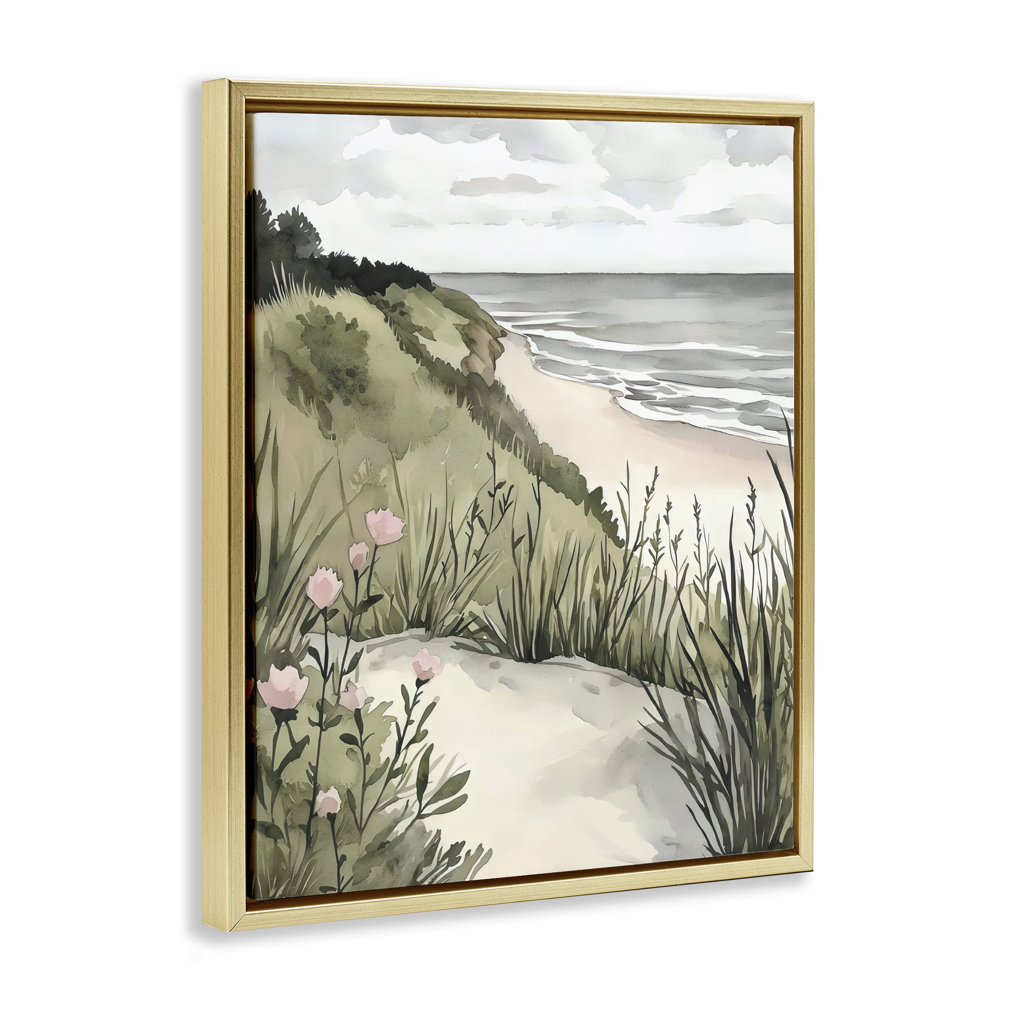 Stupell Industries Coastal Calm on Sandy Dunes Gold Framed Floater Canvas Wall Art, design by Riley B