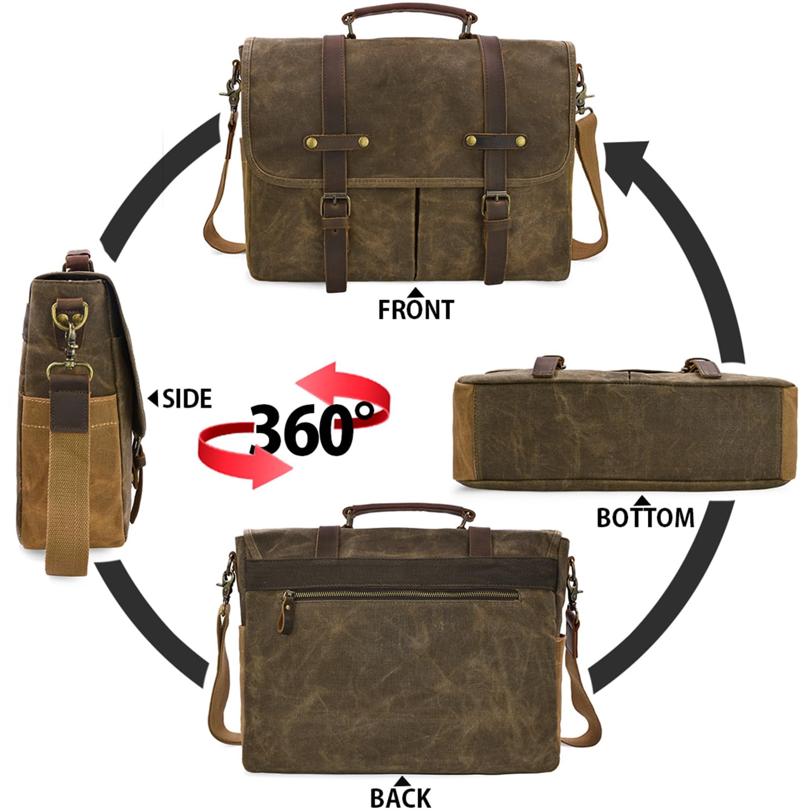 Mens Messenger Bag 15.6 Inch Waterproof Vintage Genuine Leather Waxed Canvas Briefcase Large Leather Computer Laptop Bag Rugged Satchel Shoulder Bag,Coffee