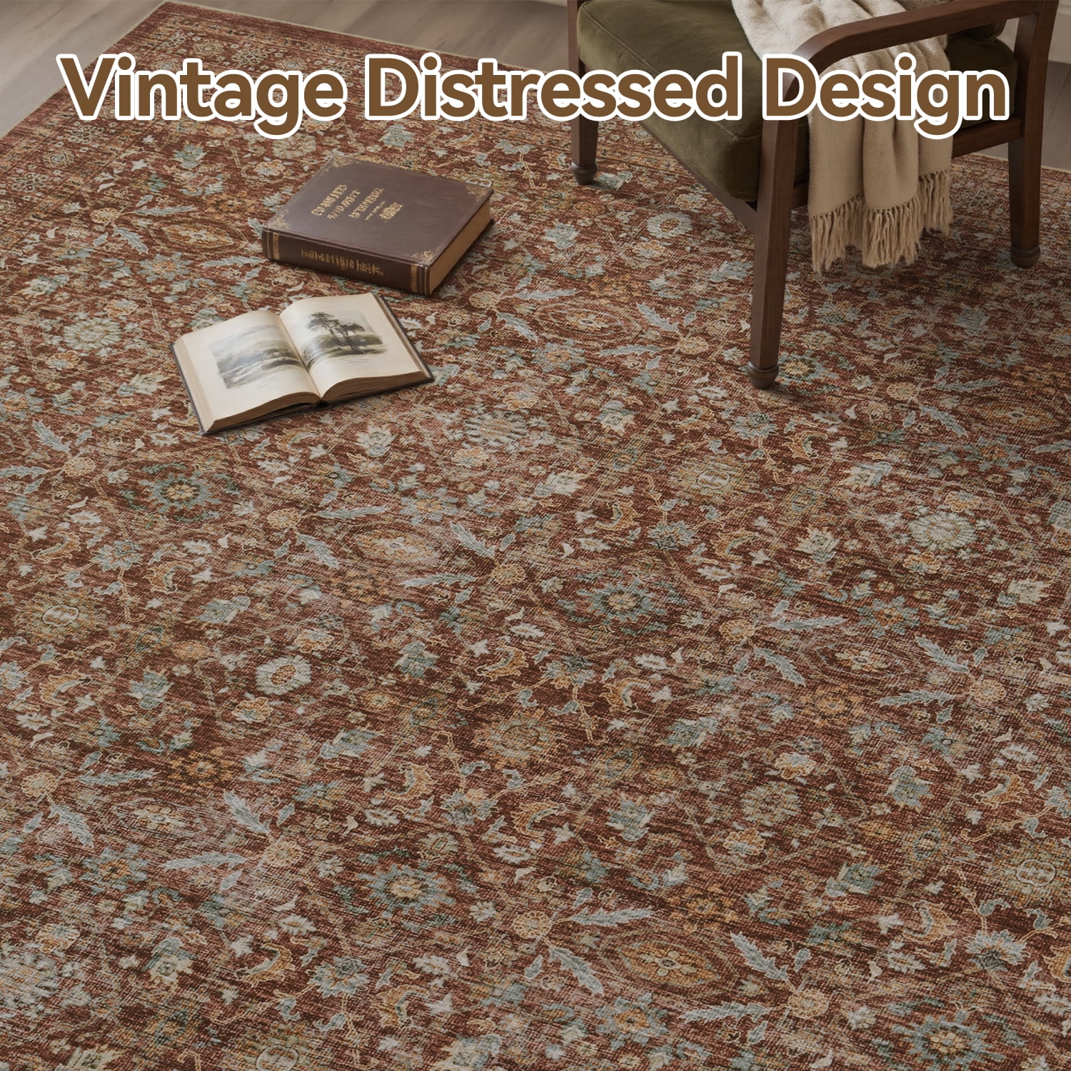 SIXHOME 5'x7' Vintage Distressed Area Rug Soft Washable Non-Slip Carpet American Classic Retro Rug with Geometric Rugs for Living Room Bedroom Neutral Home Decor Red