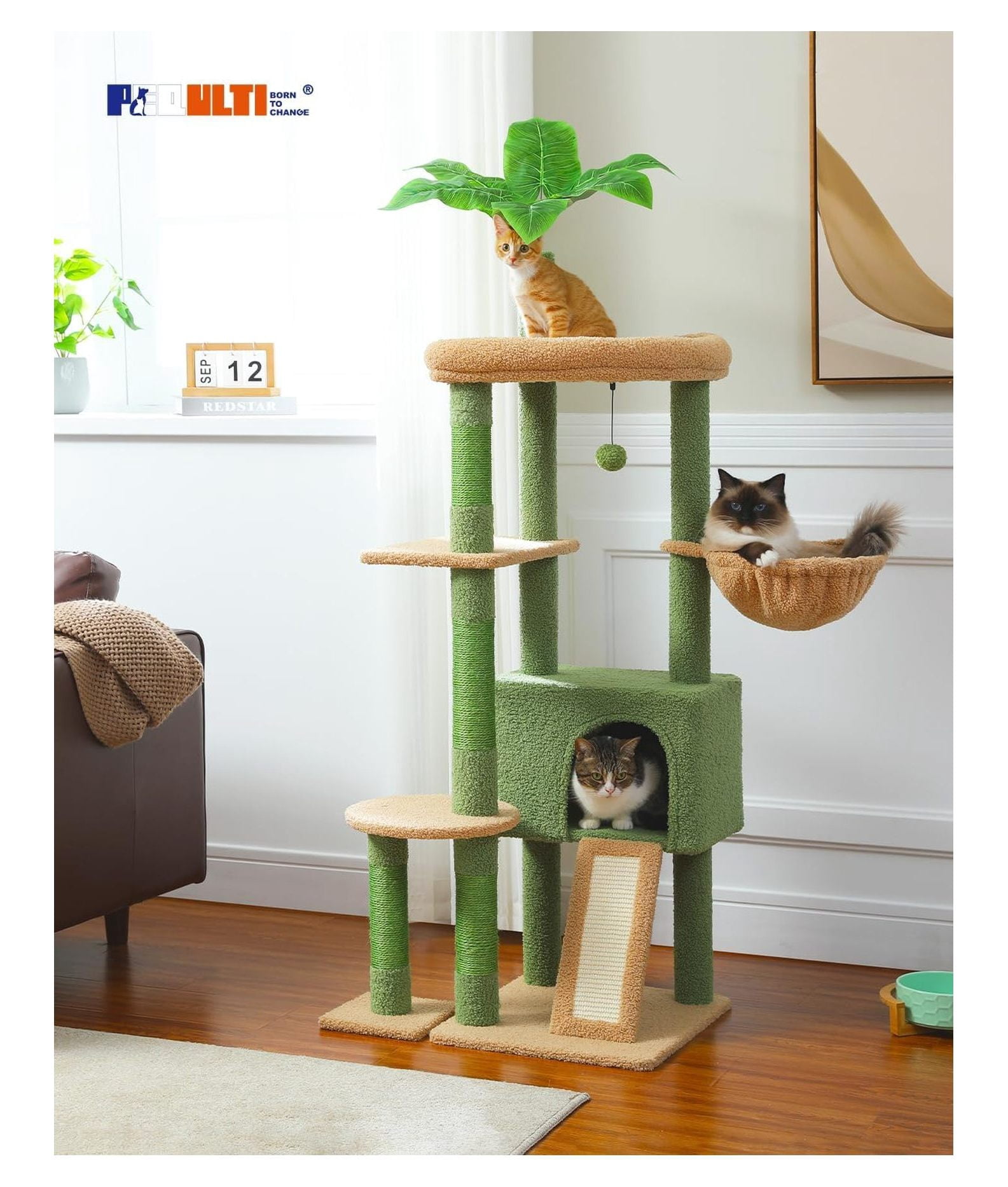 53" Cat Tree Indoor Large Condo, Sisal Scratching Posts, Cactus Design, Multi-Level Cat Tower for Multiple Cats up to 20lbs, Sturdy & Stable
