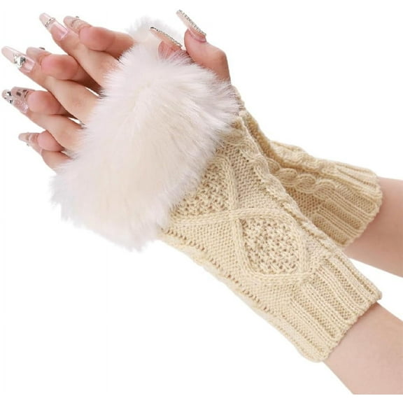 2 Pairs White Furry Fingerless Gloves Soft Fluffy Knitting Thumb Hole Gloves Beige Winter Crochet Arm Warmers Sleeves Faux Fur Wrist Mittens for Women Painting Photographing Typing Writing