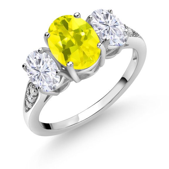Gem Stone King 10K White Gold Canary Mystic Topaz White Moissanite and White Lab Grown Diamond 3 Stone Engagement Ring for Women (2.60 Cttw, Gemstone Birthstone, Available in Size 5, 6, 7, 8, 9)