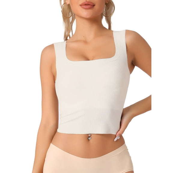 INSPIRE CHIC Women's Ribbed Tank Top with Built-In Bra Slim Fit Square Neck Undershirt S White