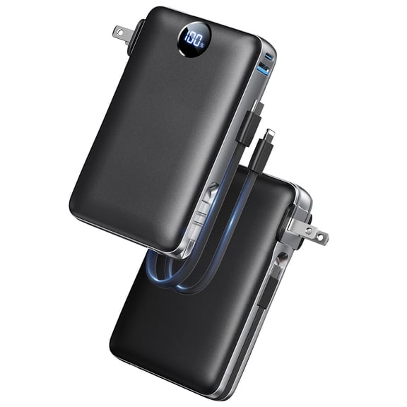 Power Bank, 50000 mAh Portable Charger with Built in Cable & Wall Plug, 22.5W Fast Charging, Travel Essential Battery Pack with LED Display compatible for iPhone/Android, Black
