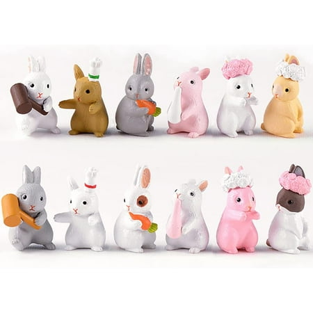 "12 Pcs Rabbit Figures for Kids, Bunnies Toy Set Cake Toppers, Miniature Rabbit Fairy Garden Figurines Collection Playset for Christmas Birthday Gift Desk Decoration