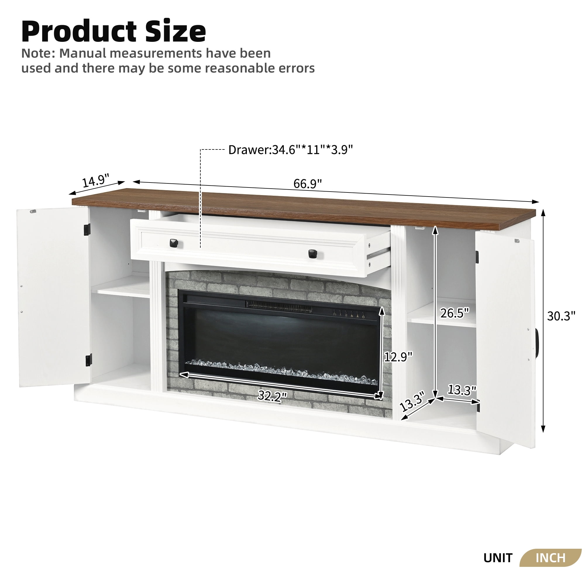 Mintazer Farmhouse Electric Fireplace TV Stand for TVs Up to 70", Entertainment Center with 2 Storage Cabinets & Large Drawer and Adjustable Shelves for Living Room, White