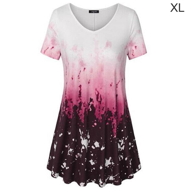 Camiseta de mujer Blusa informal con estampado degradado Vestido suelto con cuello en V, Rojo, XL Methold AP001902-28