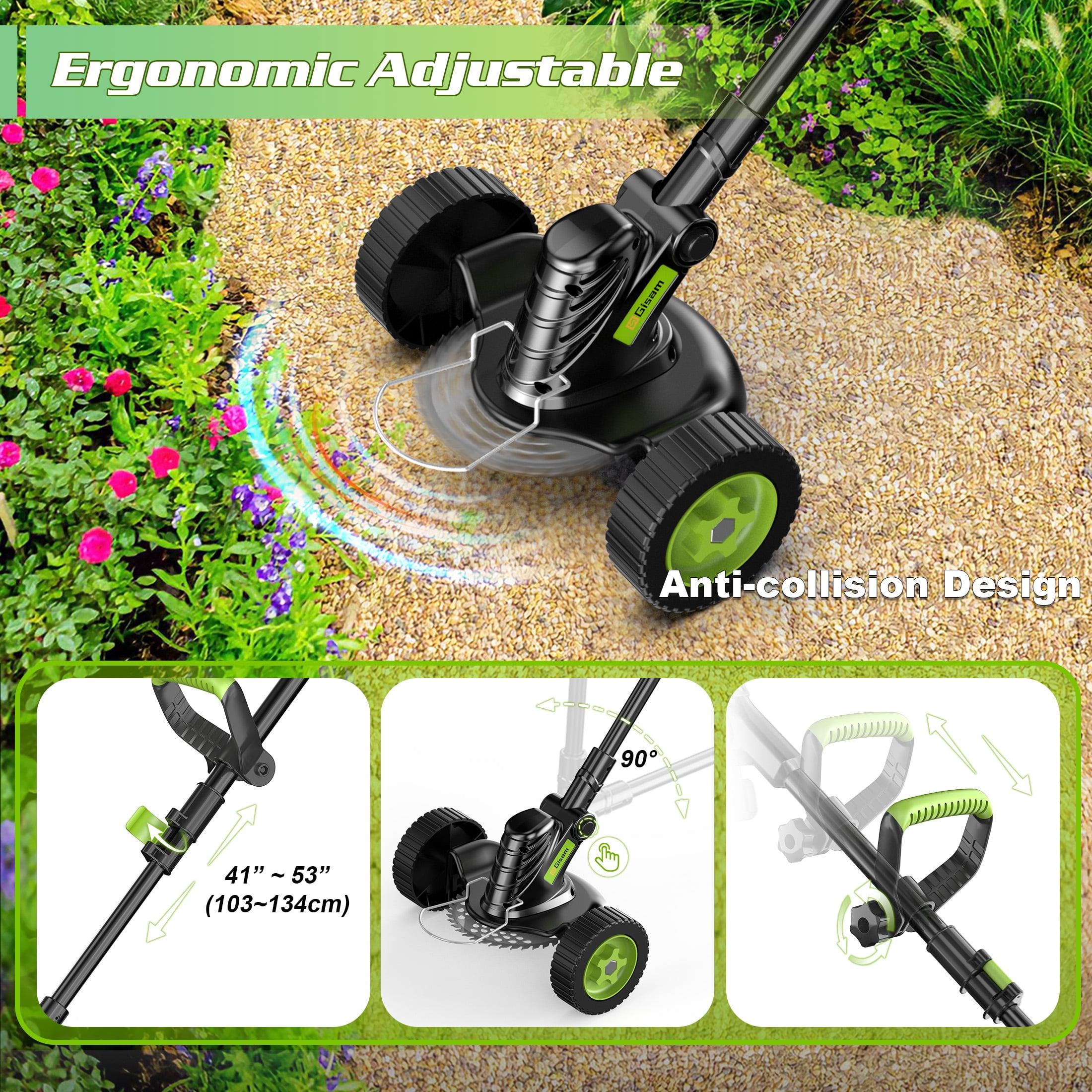 Gisam Cordless Grass Trimmer, Battery Operated Weed Wacker with Wheels , Brushless Motor ,2 *2.0Ah Battery & 8 Cutting Blade