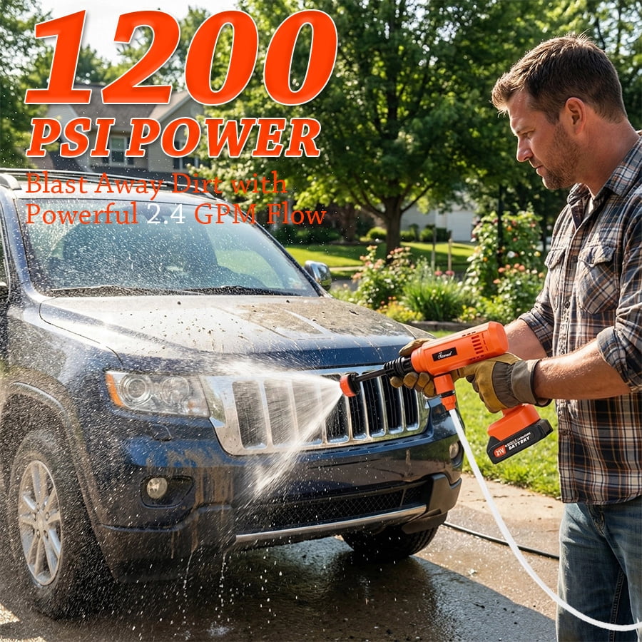 Power Washer,1200 PSI Cordless Pressure Washer with 2×21V Battery&6-in-1 Multi-Function Nozzle,Portable Pressure Washer Suitable for Cleaning Vehicles, patios, Glass, Floors, and Watering Plants