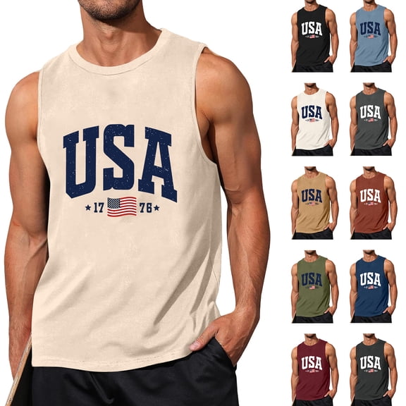 Men's Patriotic Sleeveless Shirt with USA Lettering and Flag Print Featuring Breathable Fabric for Hot Weather Beach Walks Beige L