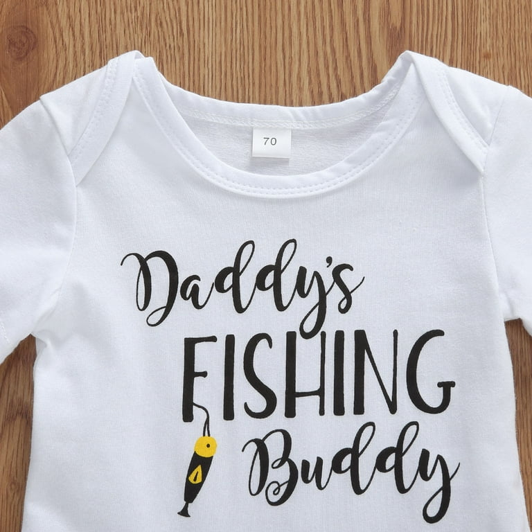 3Pcs Newborn Baby Daddy's Fishing Buddy Outfit Short Sleeve Letters Romper  Pants Hat Summer Clothes 